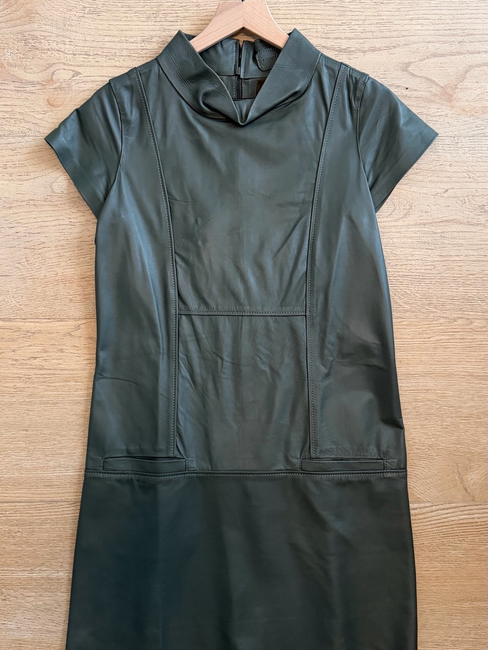 Natural Leather Short-Sleeve Shift Dress in dark gray